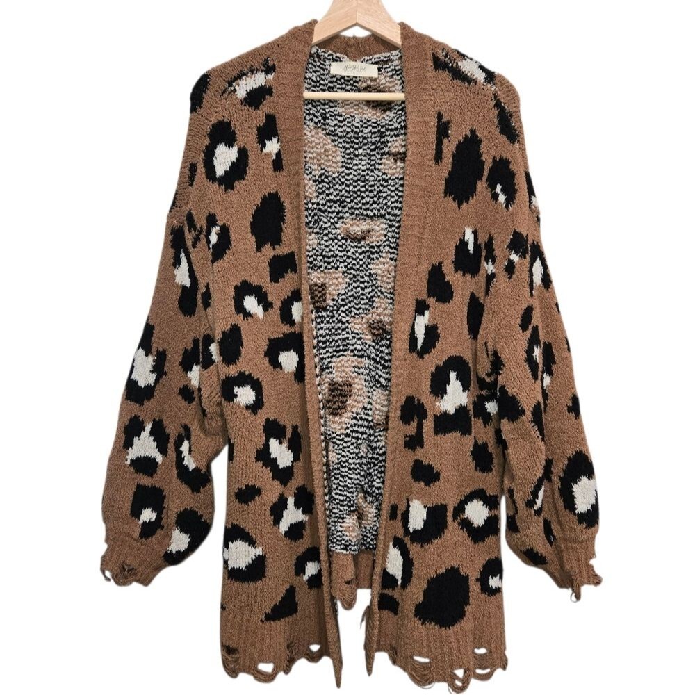 A Beautiful Soul Distressed Leopard Print Open Front Cardigan Size X